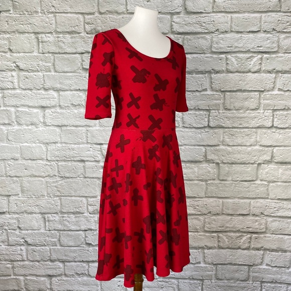LuLaRoe Nicole Dress in Red with Brush X Print - Picture 3 of 5